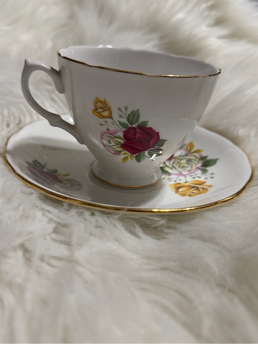 Porcelain Teacup & Saucer Set with Pink and Yellow Rose Motif